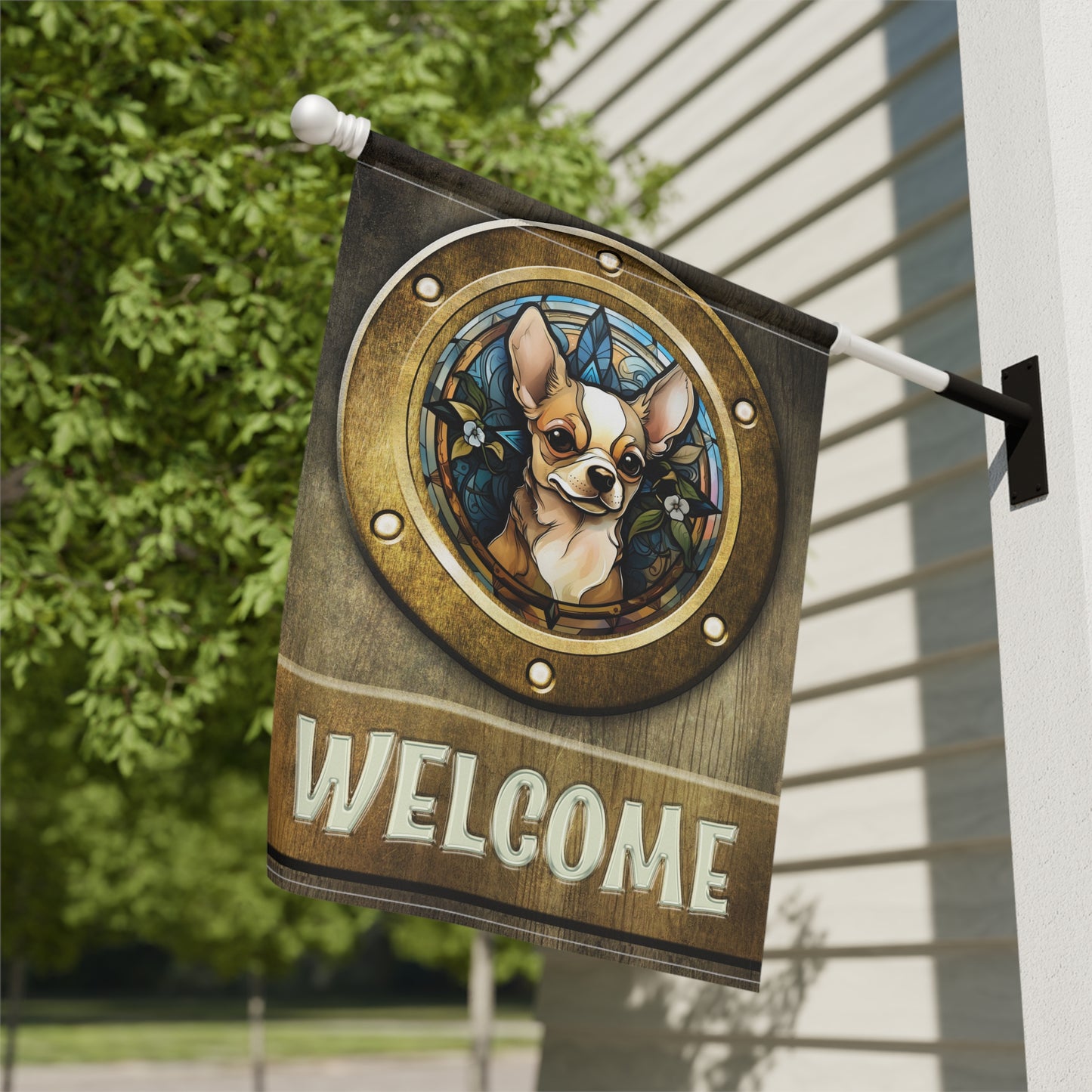 Chihuahua in Port Hole Welcome 2-Sided Garden & House Flag/Banner