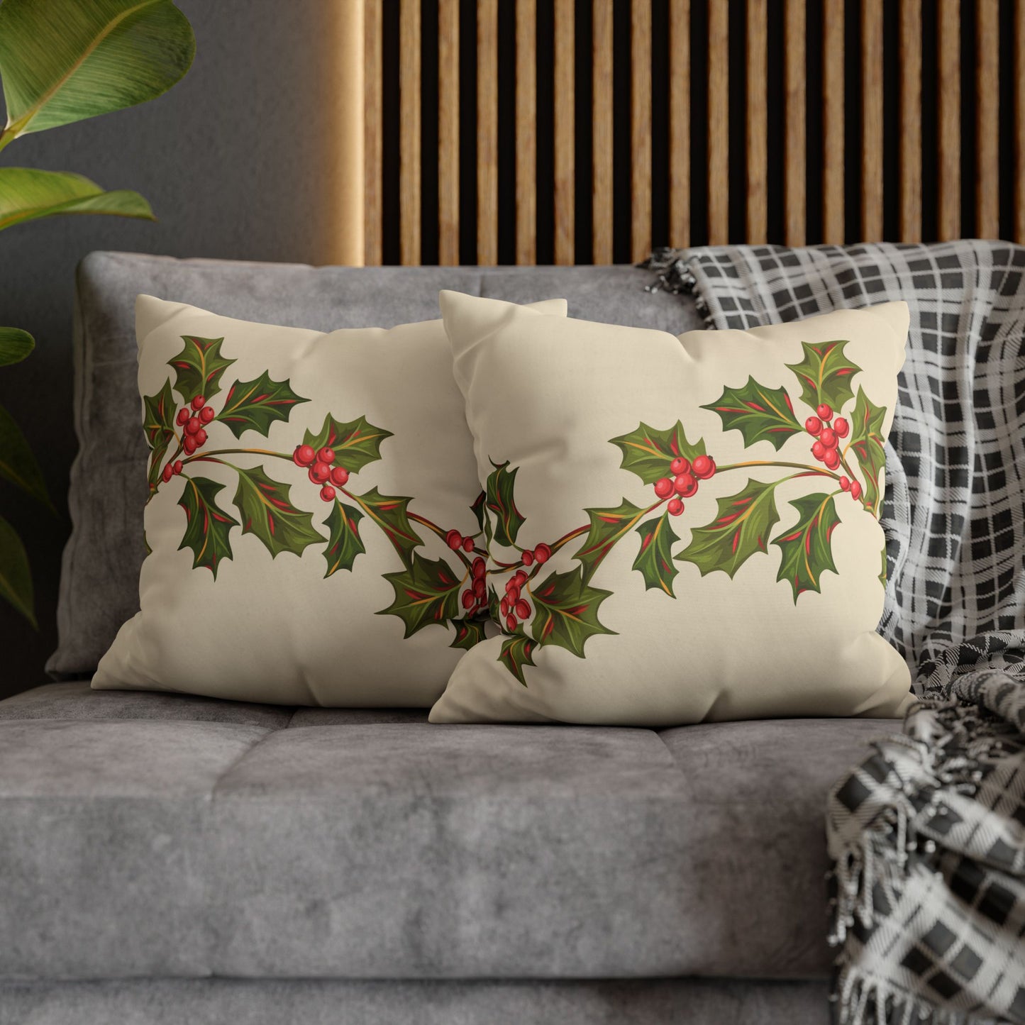 Holly Vine Holiday Square Poly Canvas Pillowcase