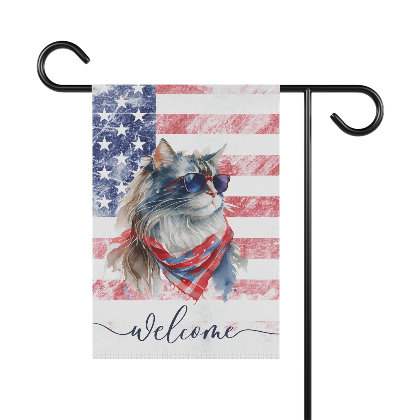 Patriotic Cat in Glasses Welcome 2-Sided Garden & House Flag/Banner