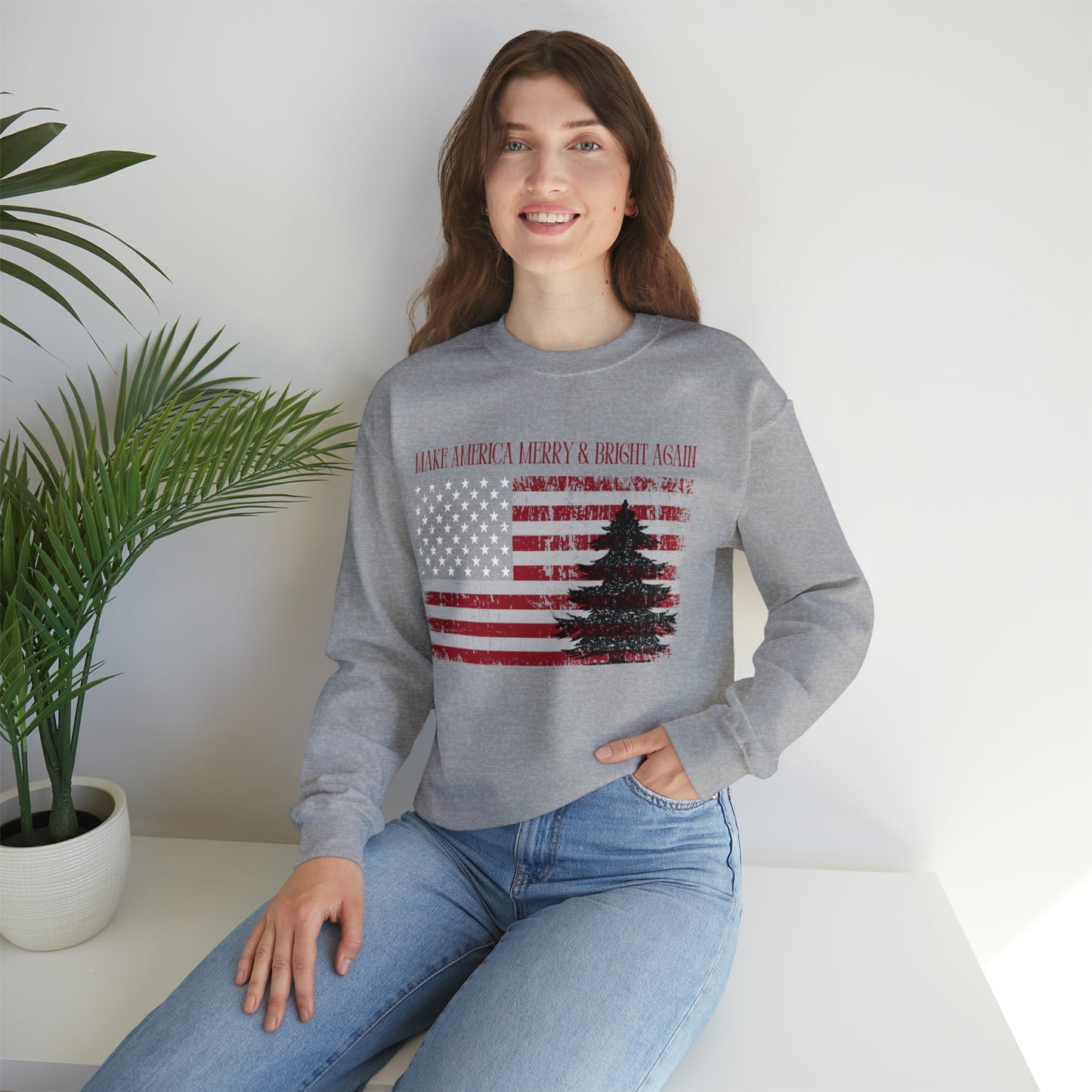 American Flag Make America Merry & Bright Again Unisex Heavy Blend™ Crewneck Sweatshirt