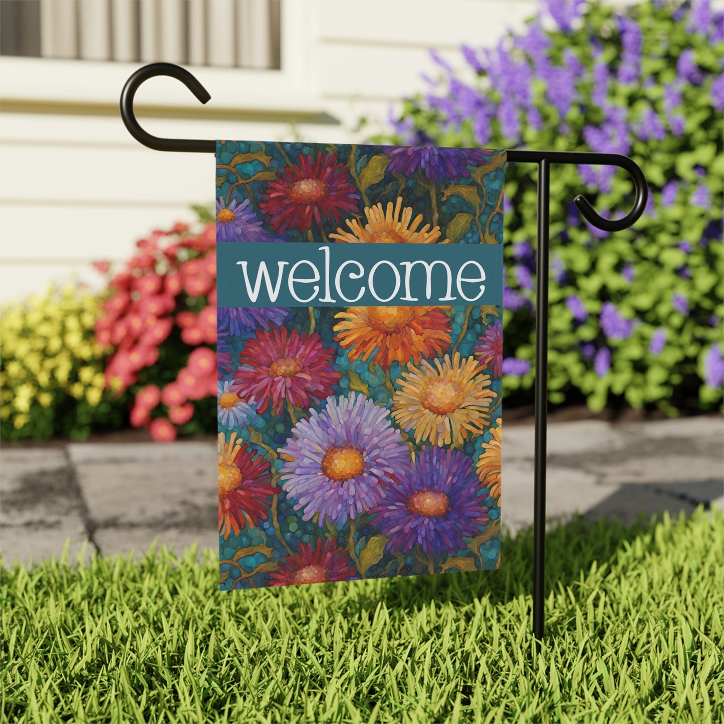 Colorful Asters Welcome 2-Sided Garden & House Flag/Banner