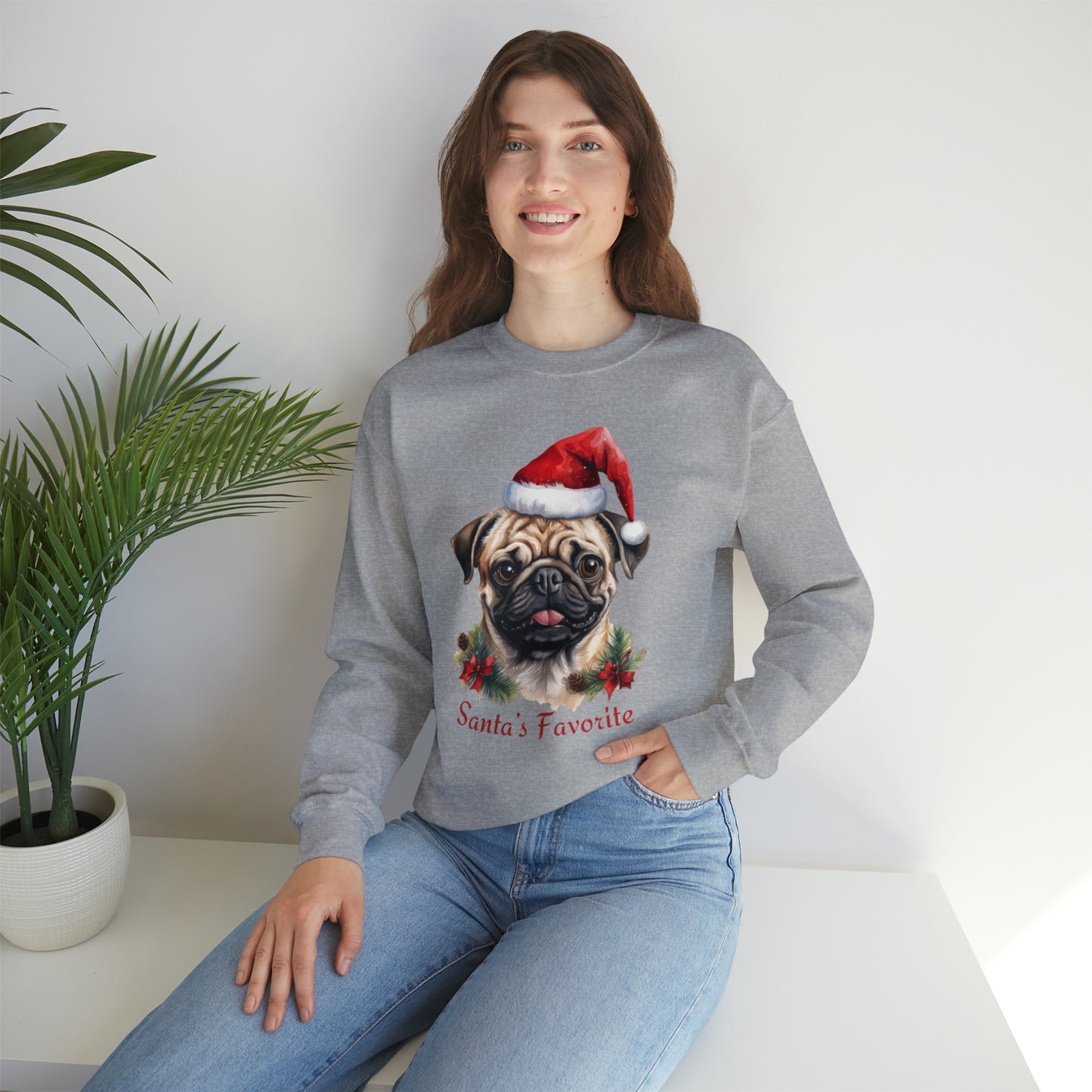 Santa's Favorite Pug in Santa Hat Unisex Heavy Blend™ Crewneck Sweatshirt