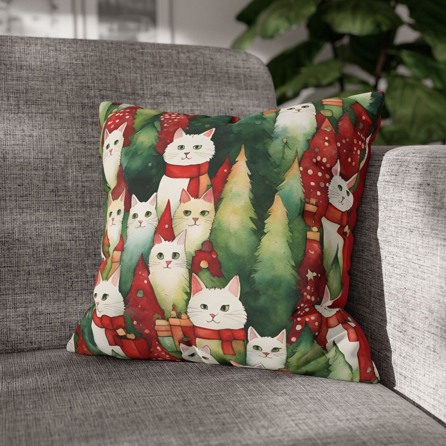 Meowy Christmas Square Poly Canvas Pillowcase