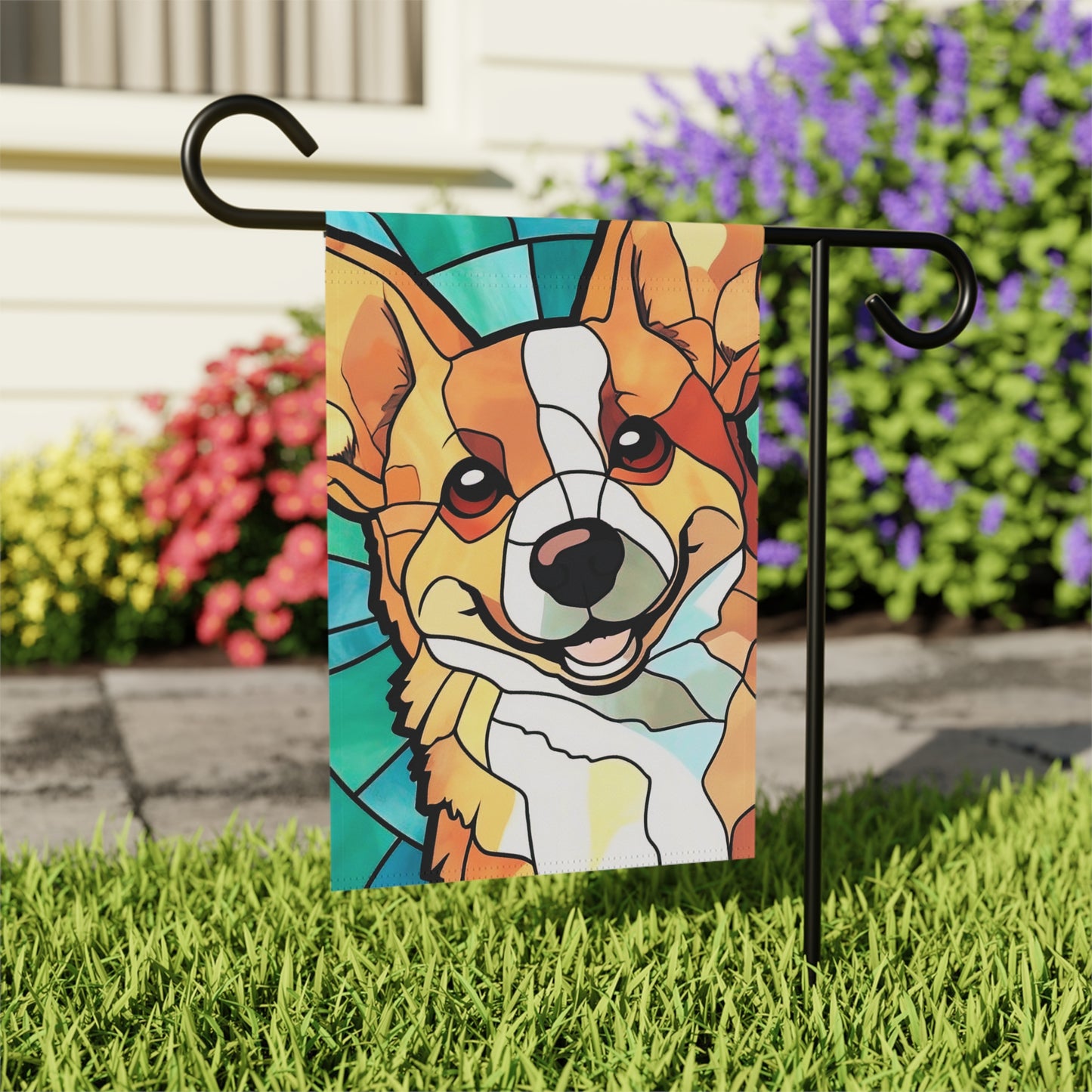 Corgi Face Stained Glass Look 2-Sided Garden & House Flag/Banner