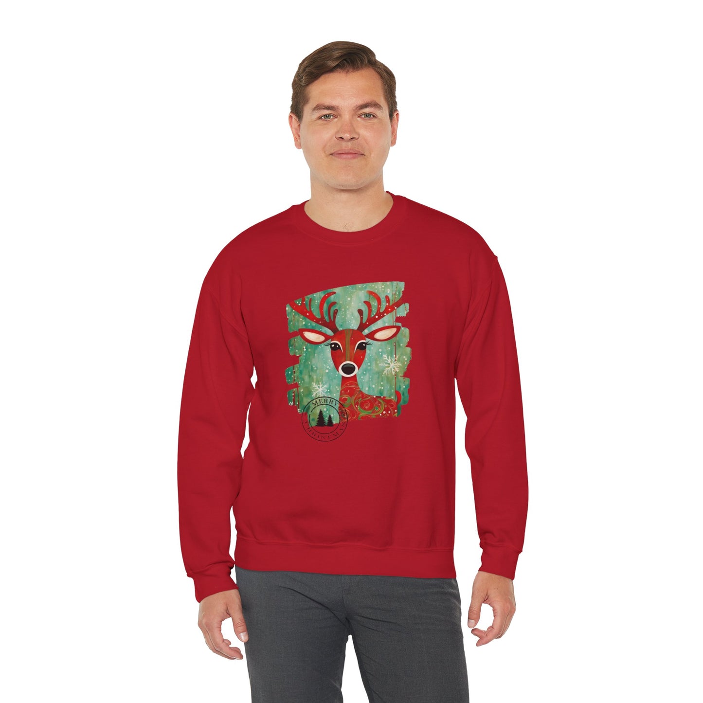 Red Reindeer Merry Christmas Unisex Heavy Blend™ Crewneck Sweatshirt