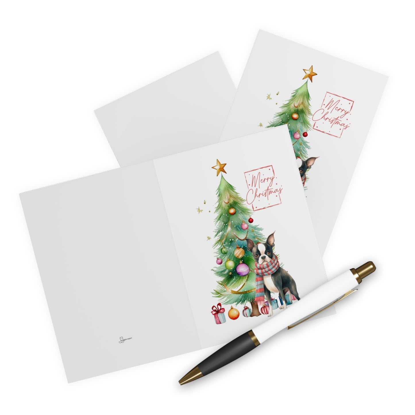 Boston Terrier Merry Christmas Tree Cards (5 Pack Blank Inside)