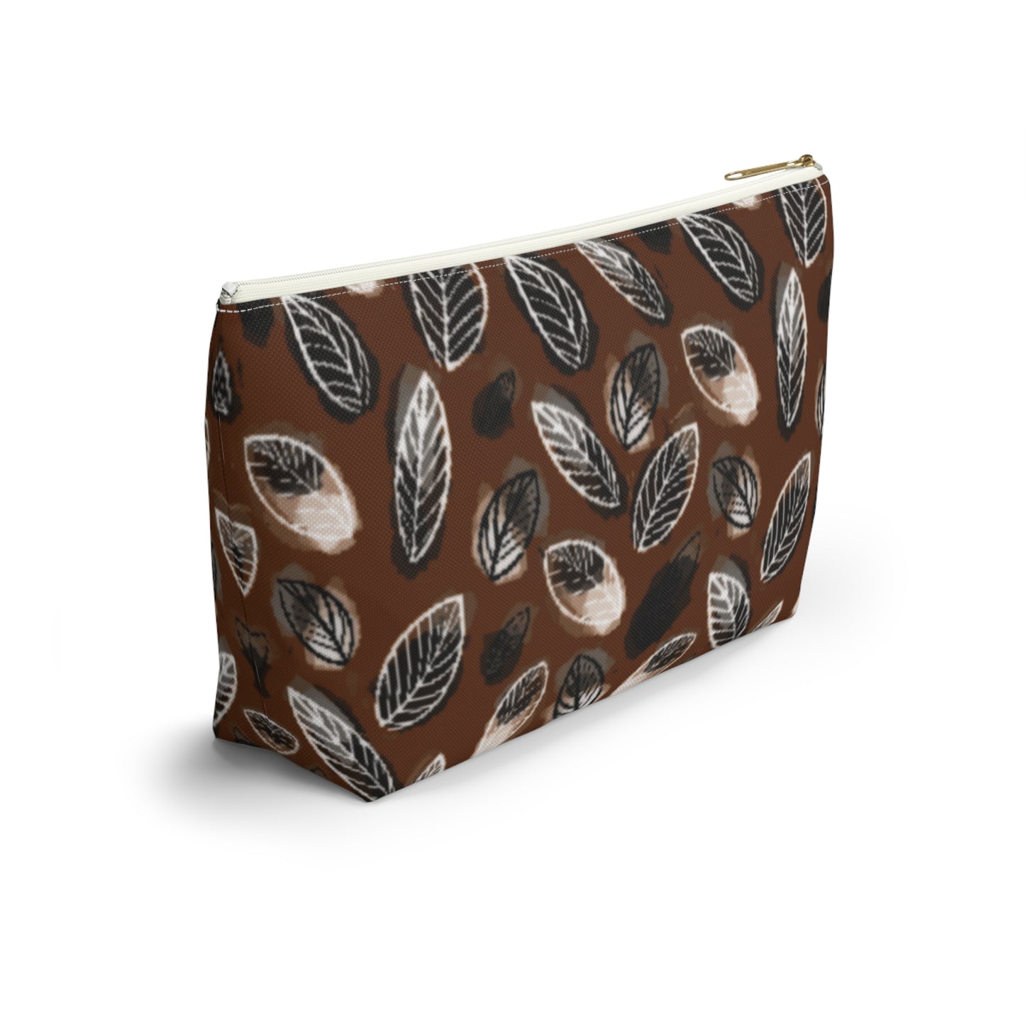 Gertie Black & Cream Abstract Leaves on Brown Makeup Zipper Accessory Pouch w T-bottom