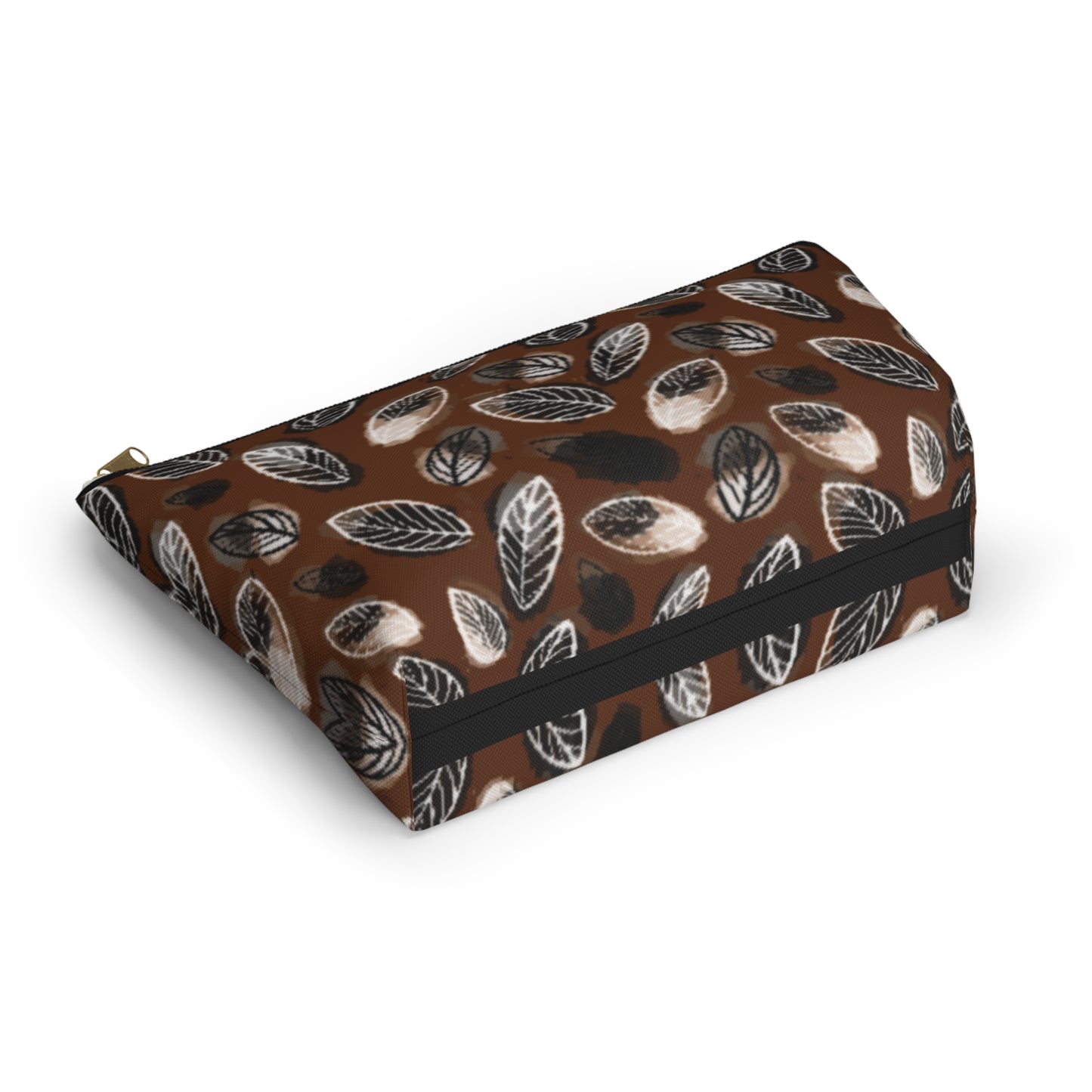 Gertie Black & Cream Abstract Leaves on Brown Makeup Zipper Accessory Pouch w T-bottom