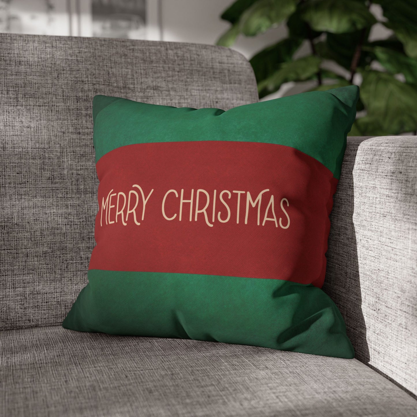 Merry Christmas Red & Green Square Poly Canvas Pillowcase