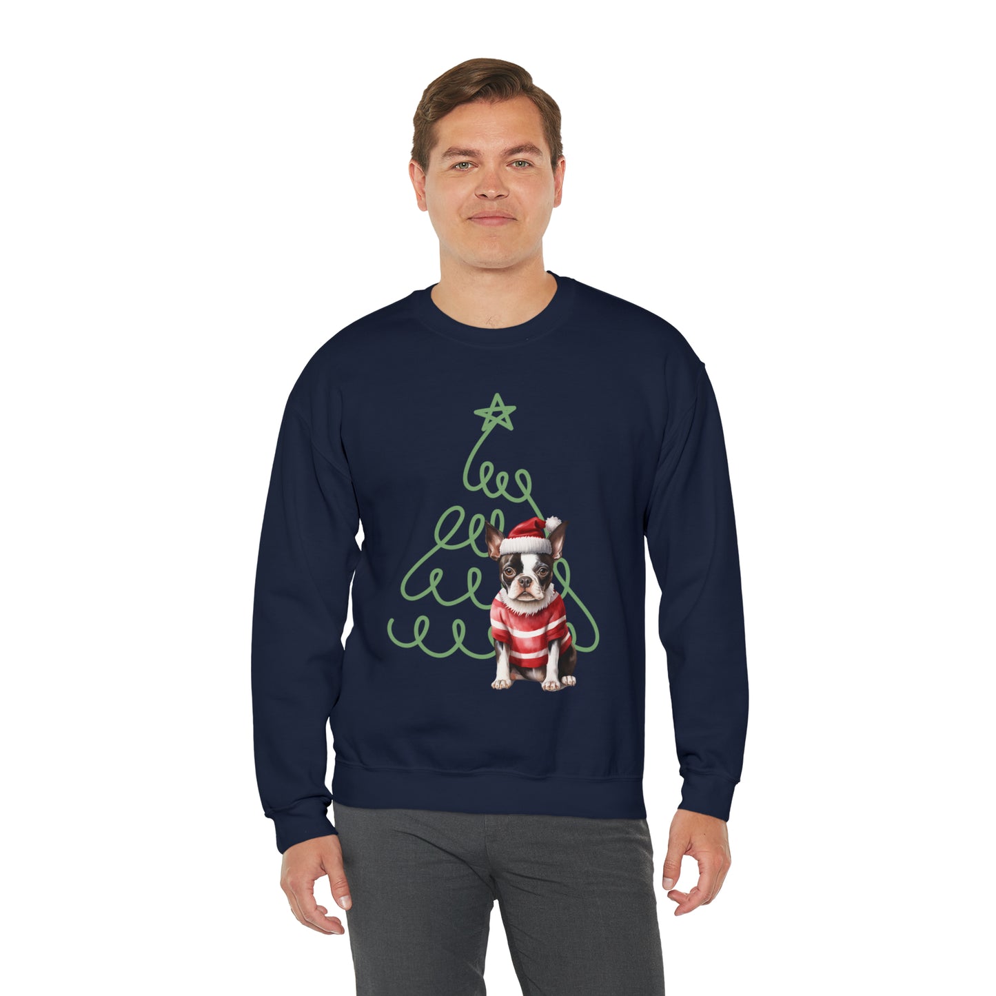 Boston Terrier in Santa Hat & Sweater Unisex Heavy Blend™ Crewneck Sweatshirt