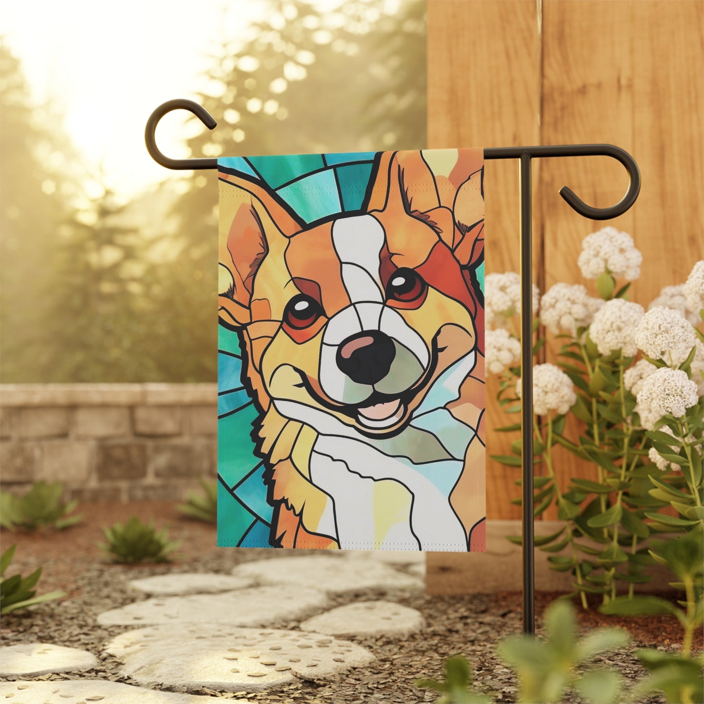 Corgi Face Stained Glass Look 2-Sided Garden & House Flag/Banner