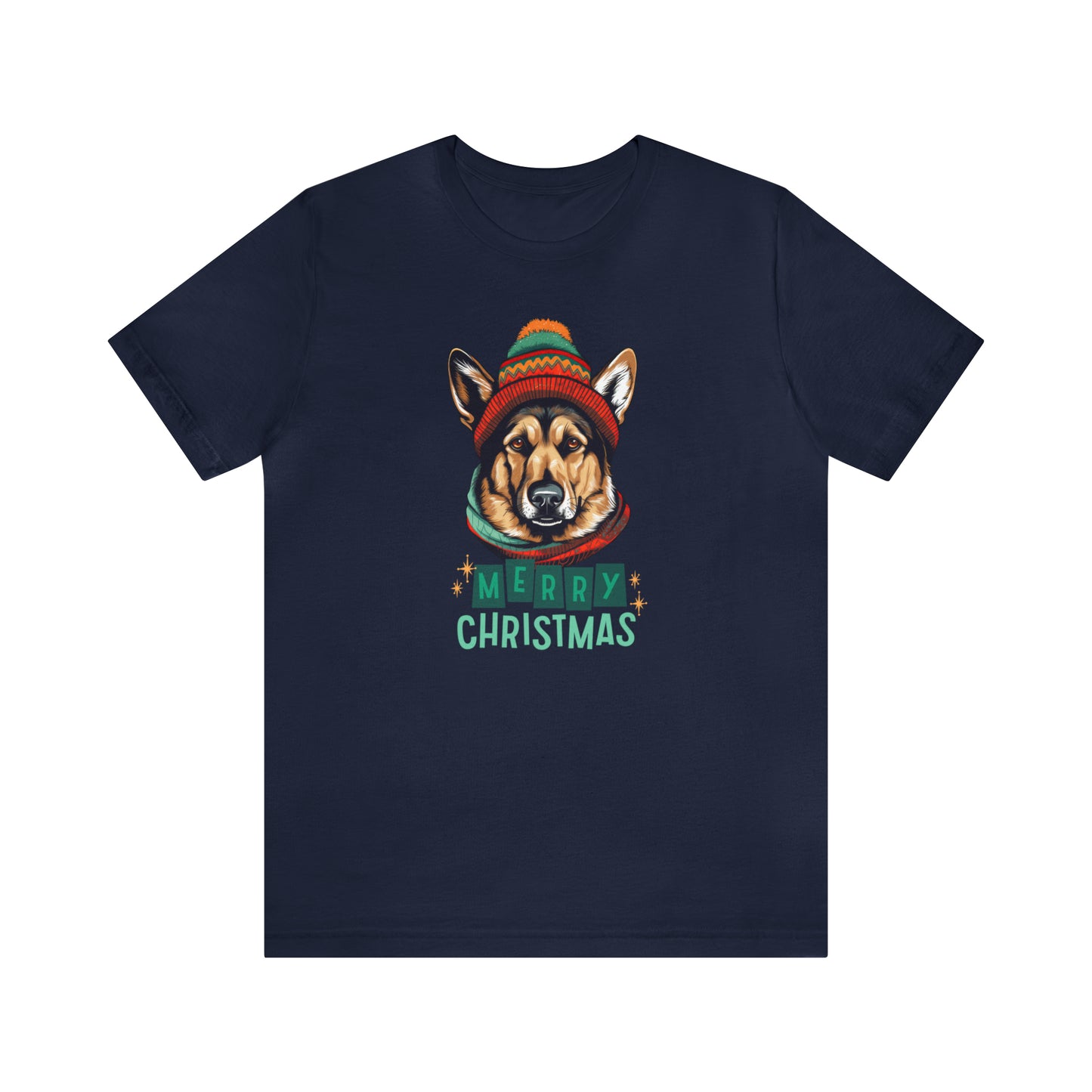 German Shepherd in Hat & Scarf Merry Christmas Unisex Jersey Short Sleeve Tee