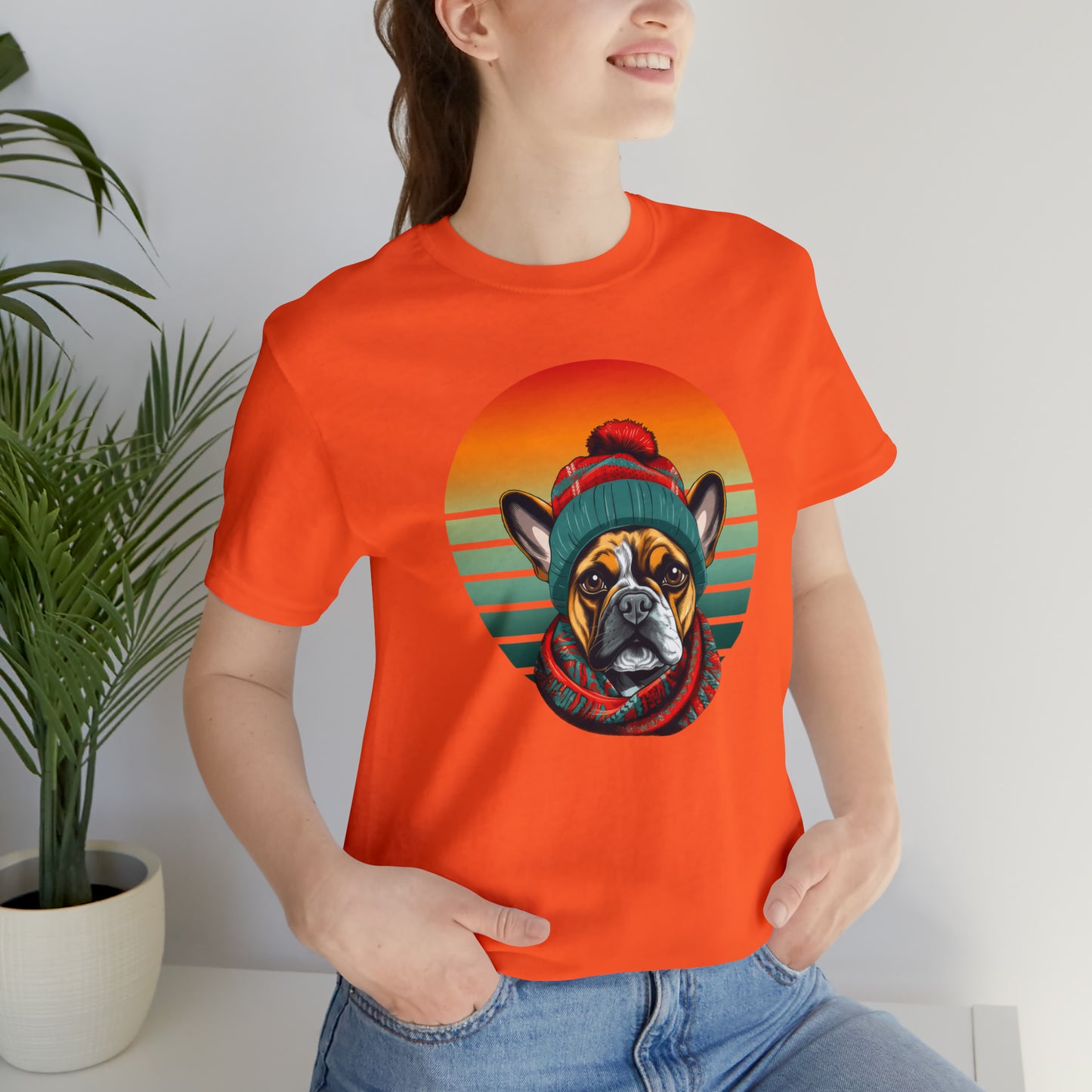 Retro French Bulldog in Hat & Scarf Unisex Jersey Short Sleeve Tee