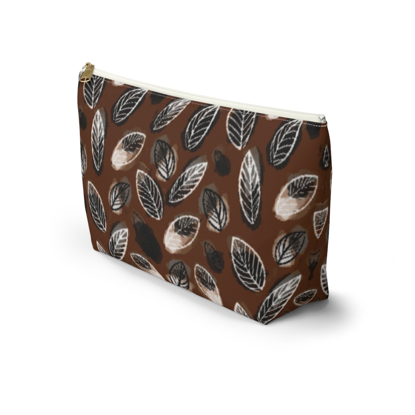 Gertie Black & Cream Abstract Leaves on Brown Makeup Zipper Accessory Pouch w T-bottom