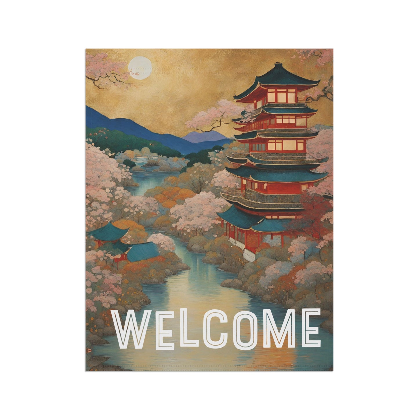 Serene Pagoda Welcome 2-Sided Garden & House Flag/Banner