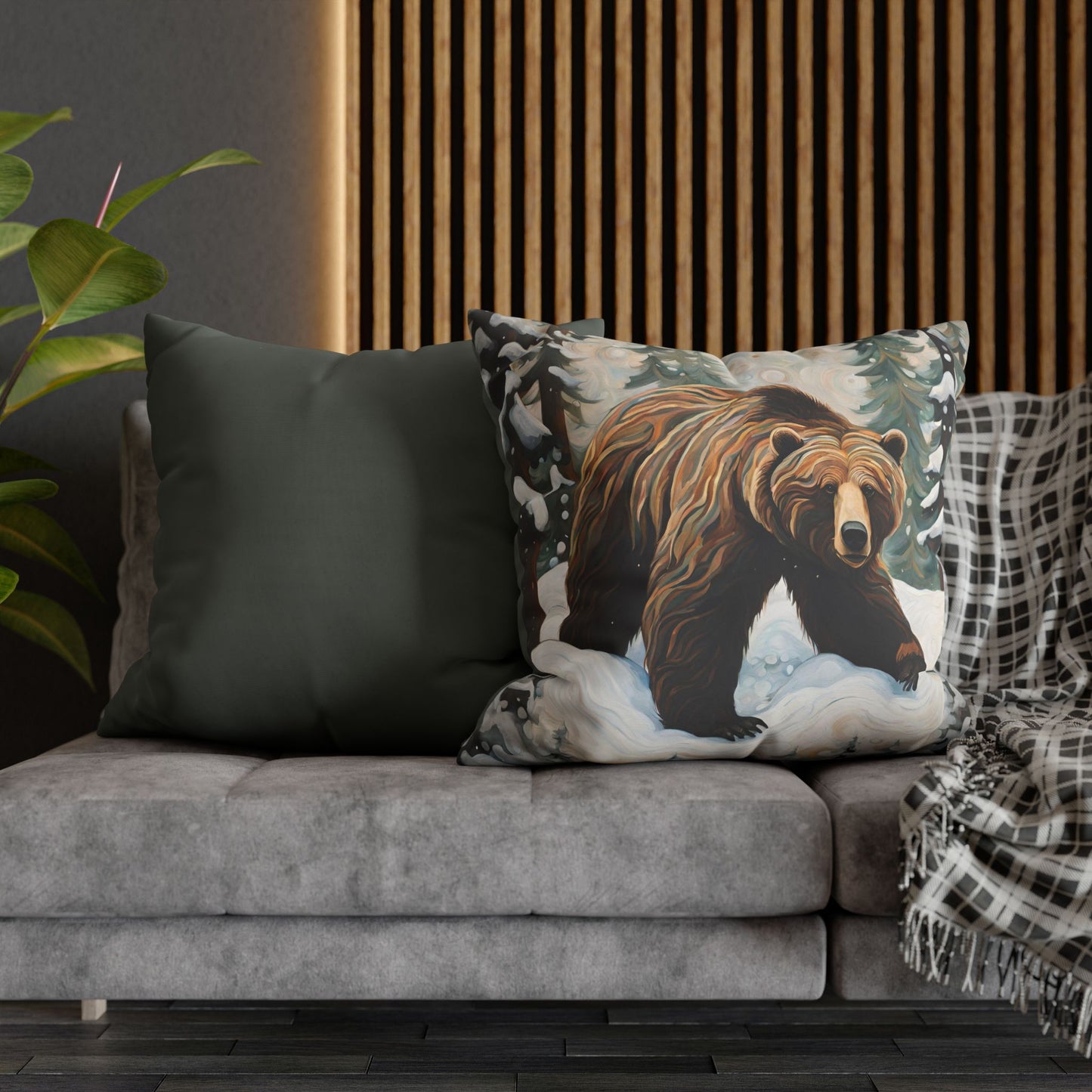 Winter Grizzly Square Poly Canvas Pillowcase