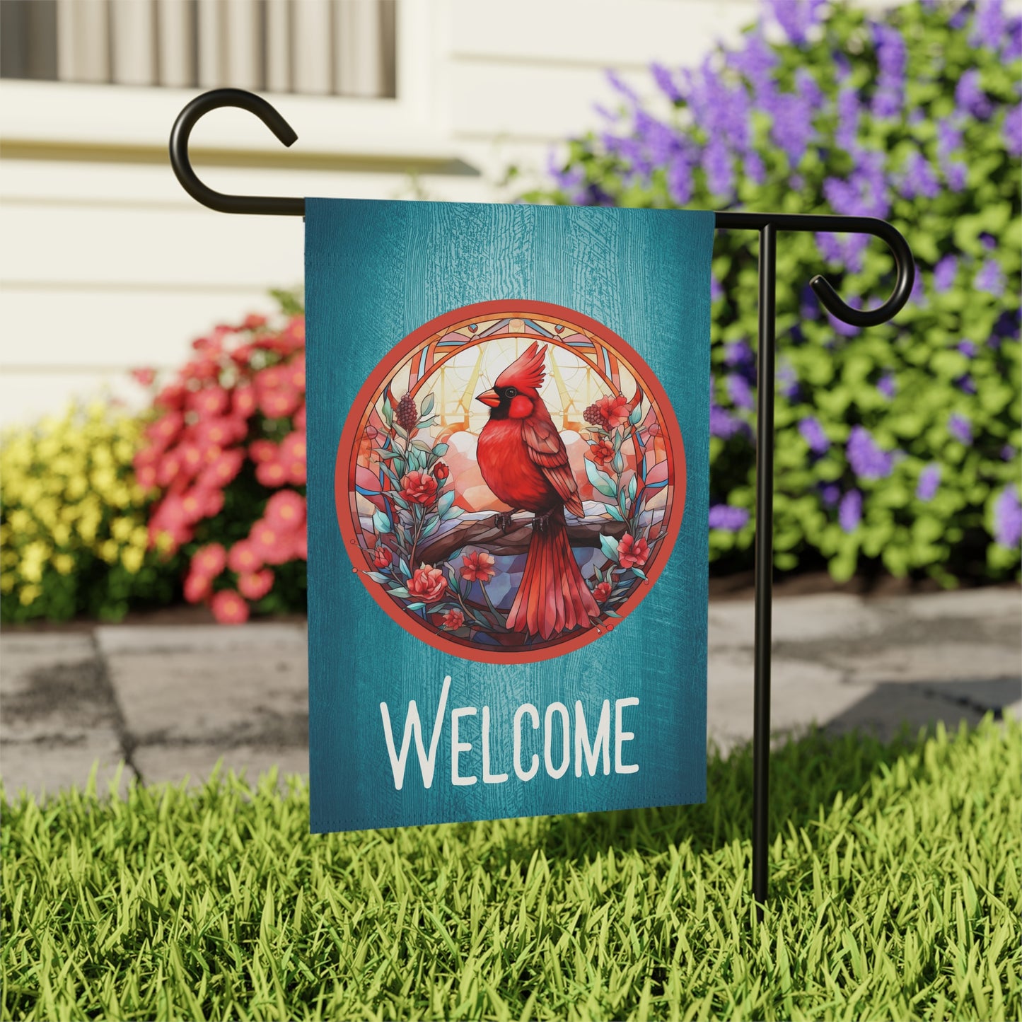 Stained Glass Cardinal 5 Welcome 2-Sided Garden & House Banner