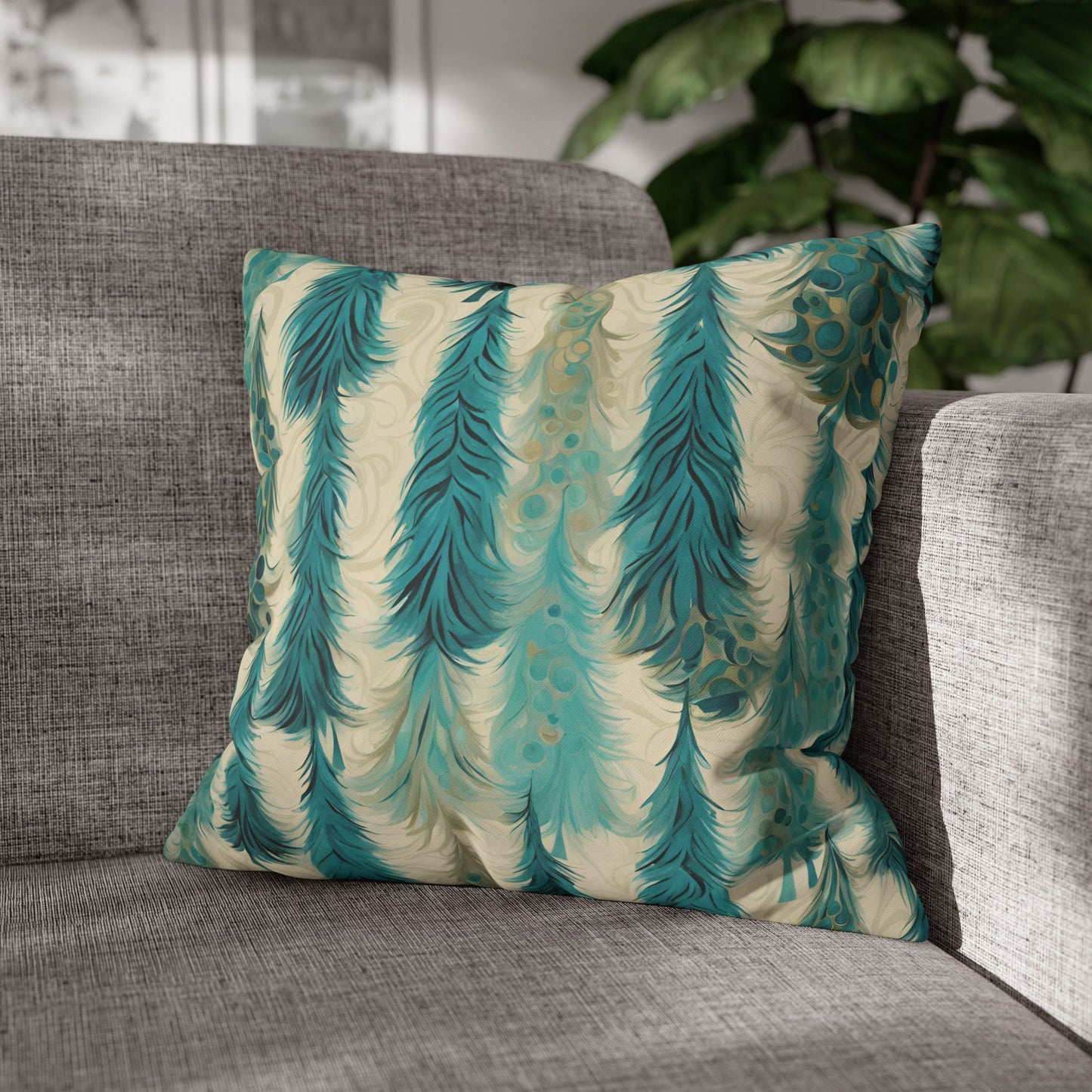 Teal Christmas Trees Square Poly Canvas Pillowcase