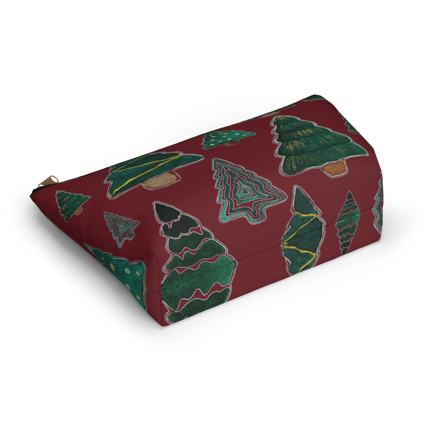 Christmas Tree Cutouts on Maroon Accessory Pouch w T-bottom