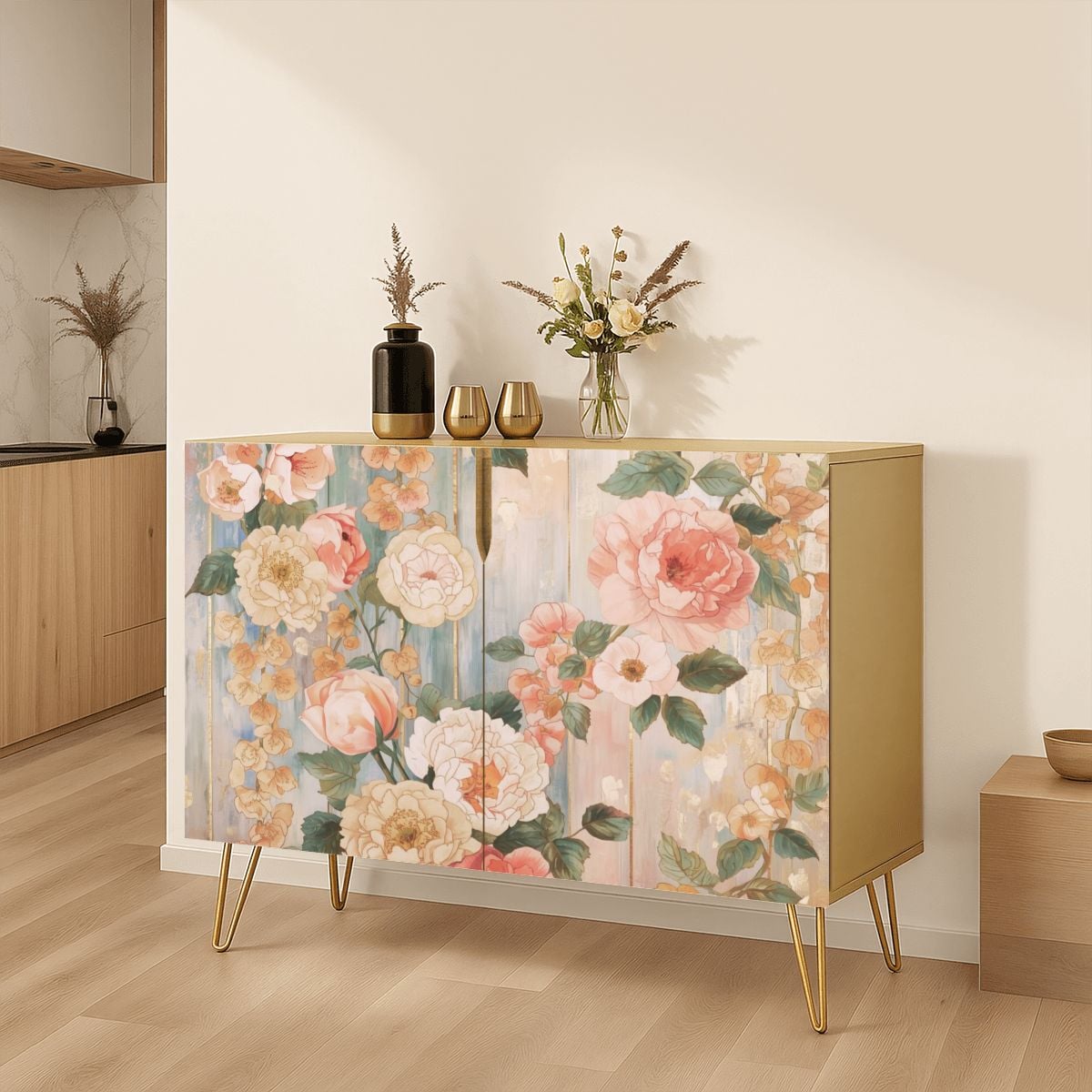 Pastel Floral Wooden Storage Cabinet (Made in USA)