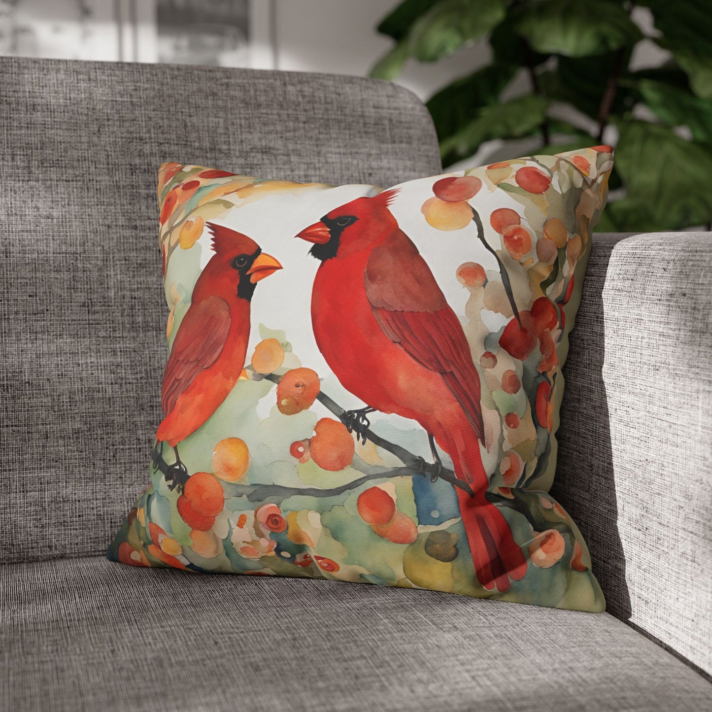 Autumn Cardinals Square Poly Canvas Pillowcase