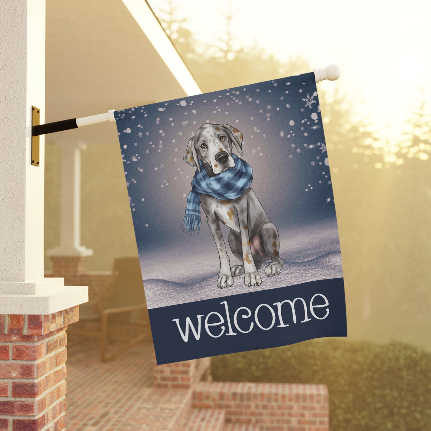 Snowy Welcome Great Dane in Scarf 2-Sided Garden & House Flag/Banner