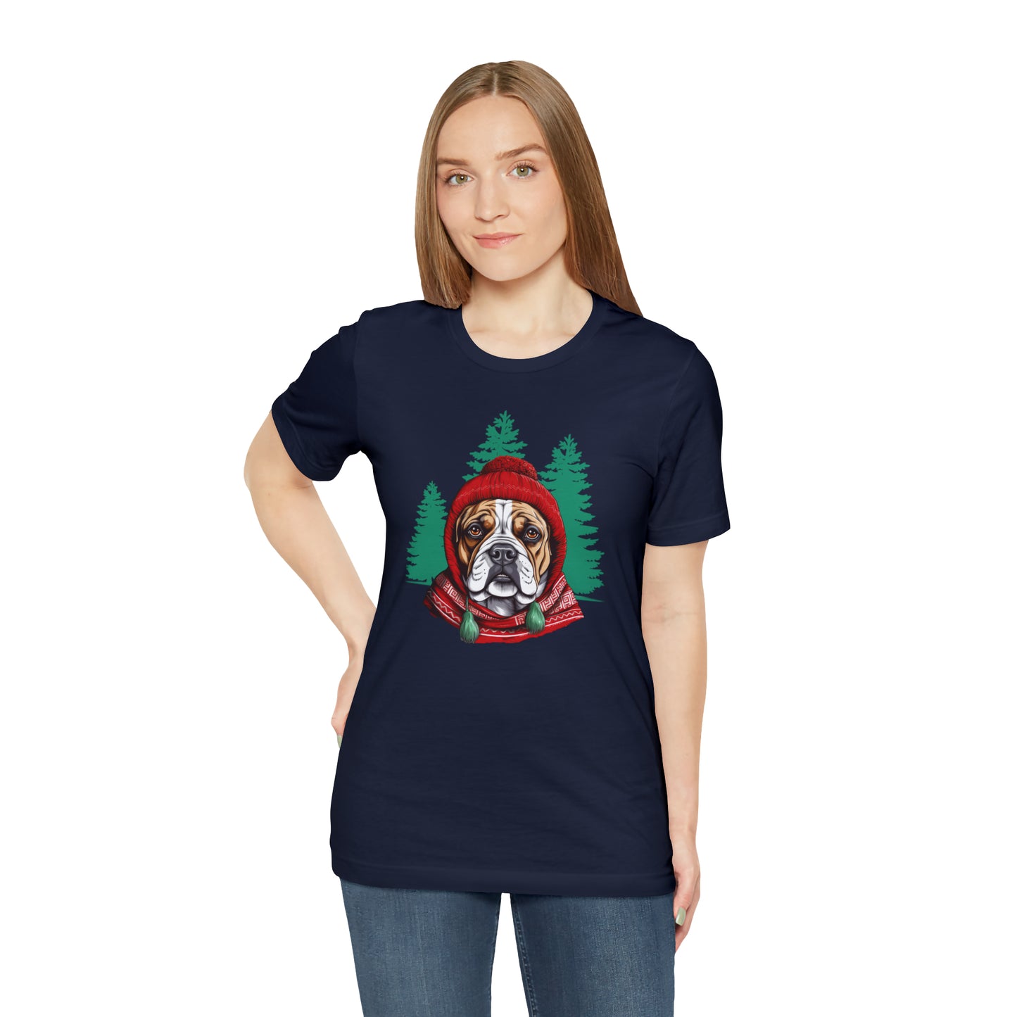 Bulldog In Stocking Hat & Scarf Winter Unisex Jersey Short Sleeve Tee