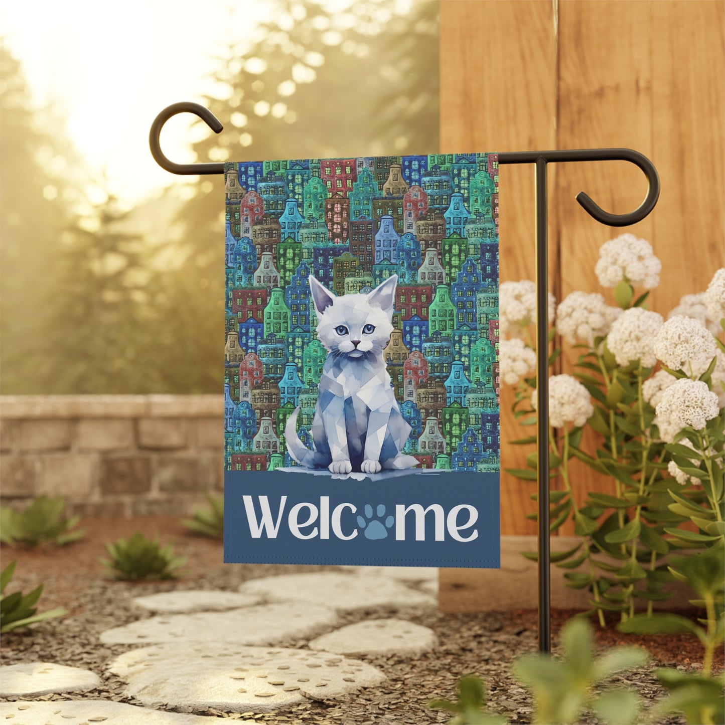 Blue City Cat Welcome 2-Sided Garden & House Flag/Banner