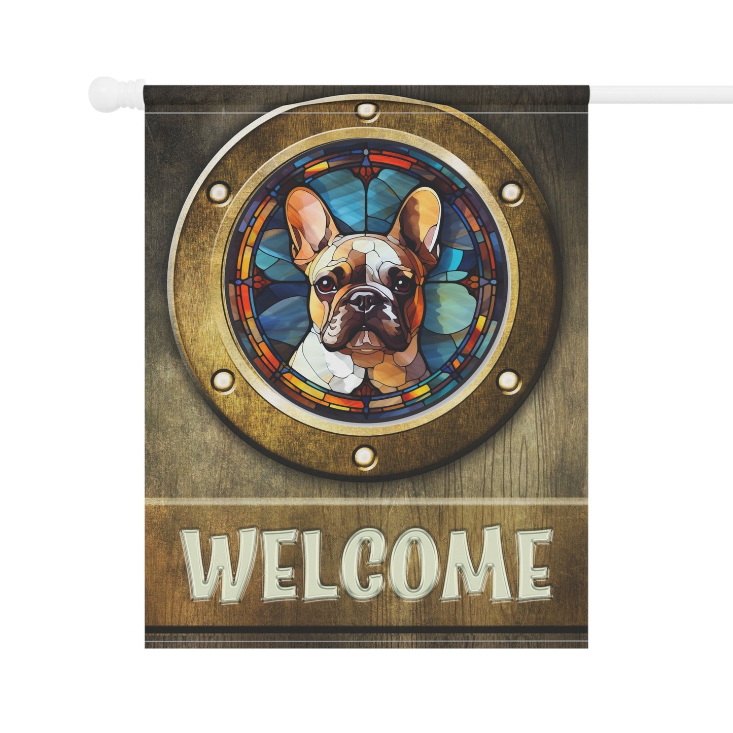 French Bulldog in Port Hole Welcome 2-Sided Garden & House Flag/Banner