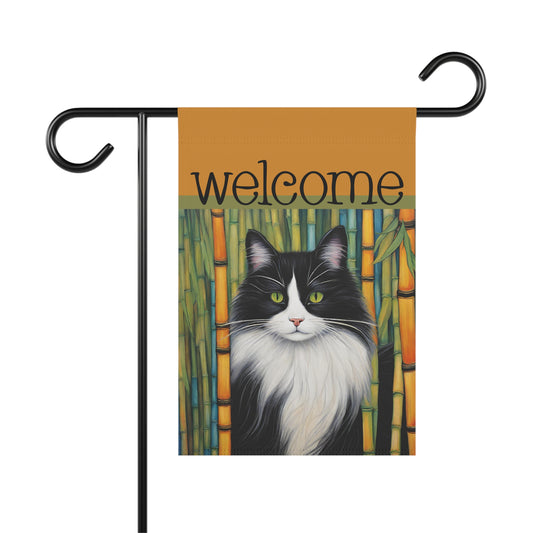 Black & White Bamboo Cat Welcome 2-Sided Garden & House Flag/Banner