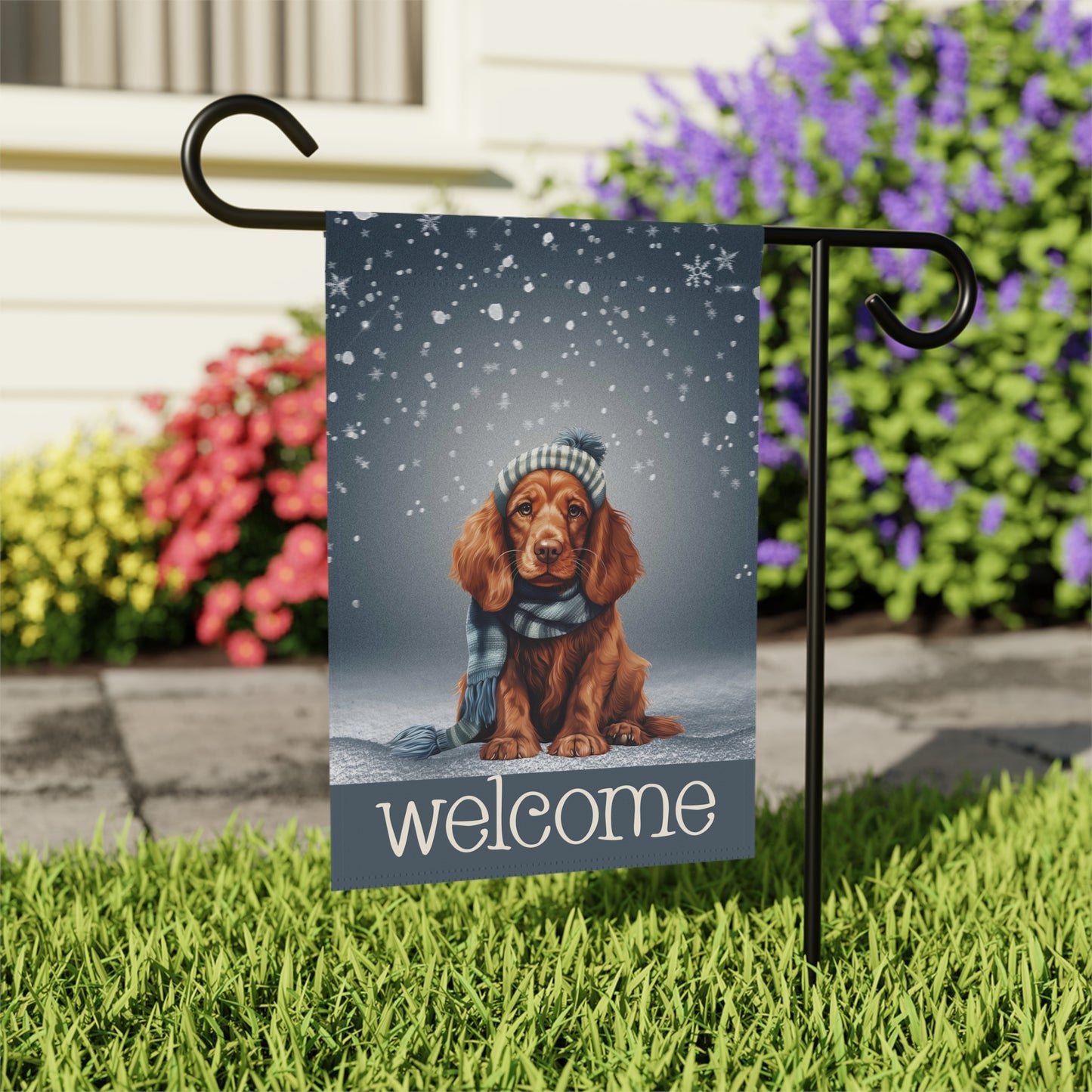 Snowy Welcome Irish Setter in Scarf 2-Sided Garden & House Flag/Banner