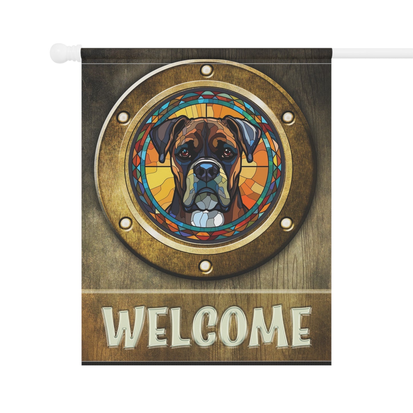 Boxer In Port Hole Welcome 2-Sided Garden & House Flag/Banner