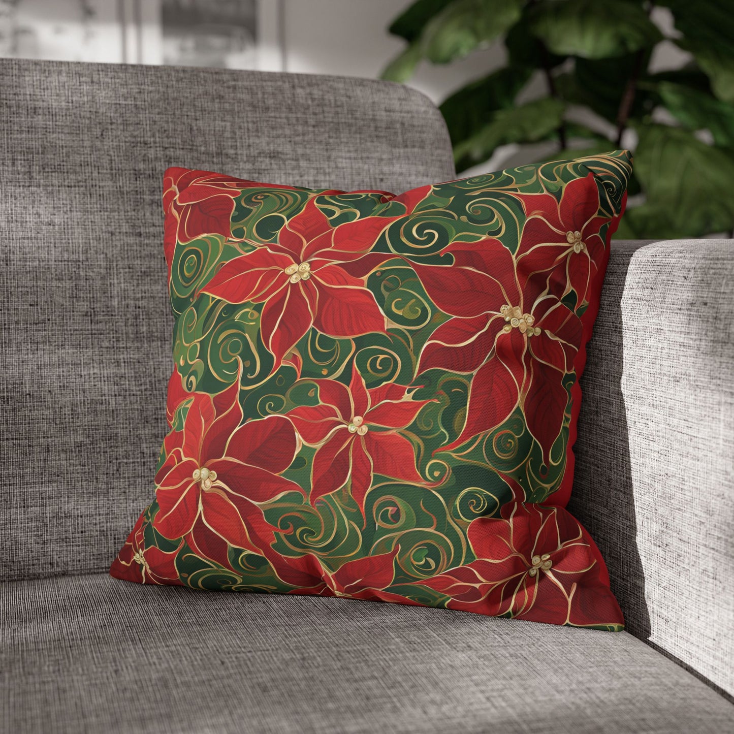 Poinsettias Swirl Holiday Square Poly Canvas Pillowcase