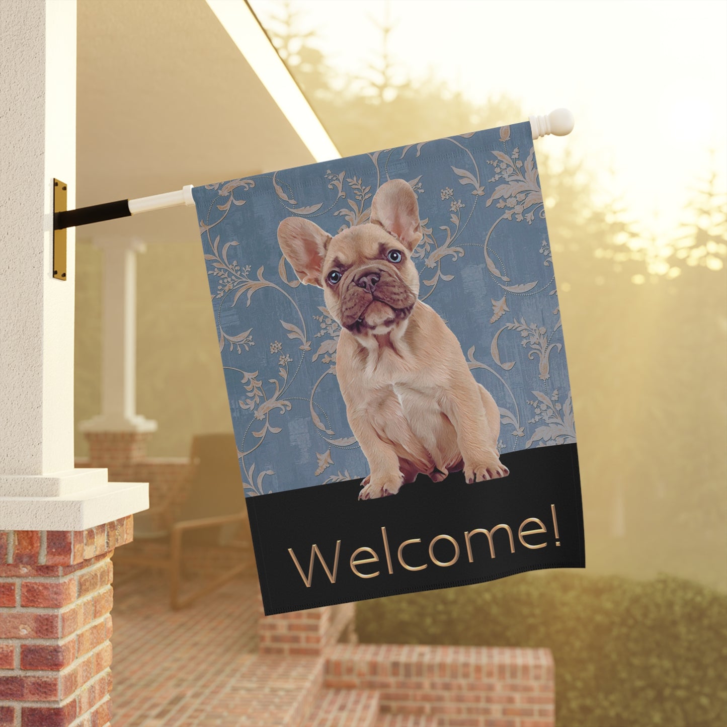 French Bulldog on Blue Welcome 2-Sided Garden & House Flag/Banner