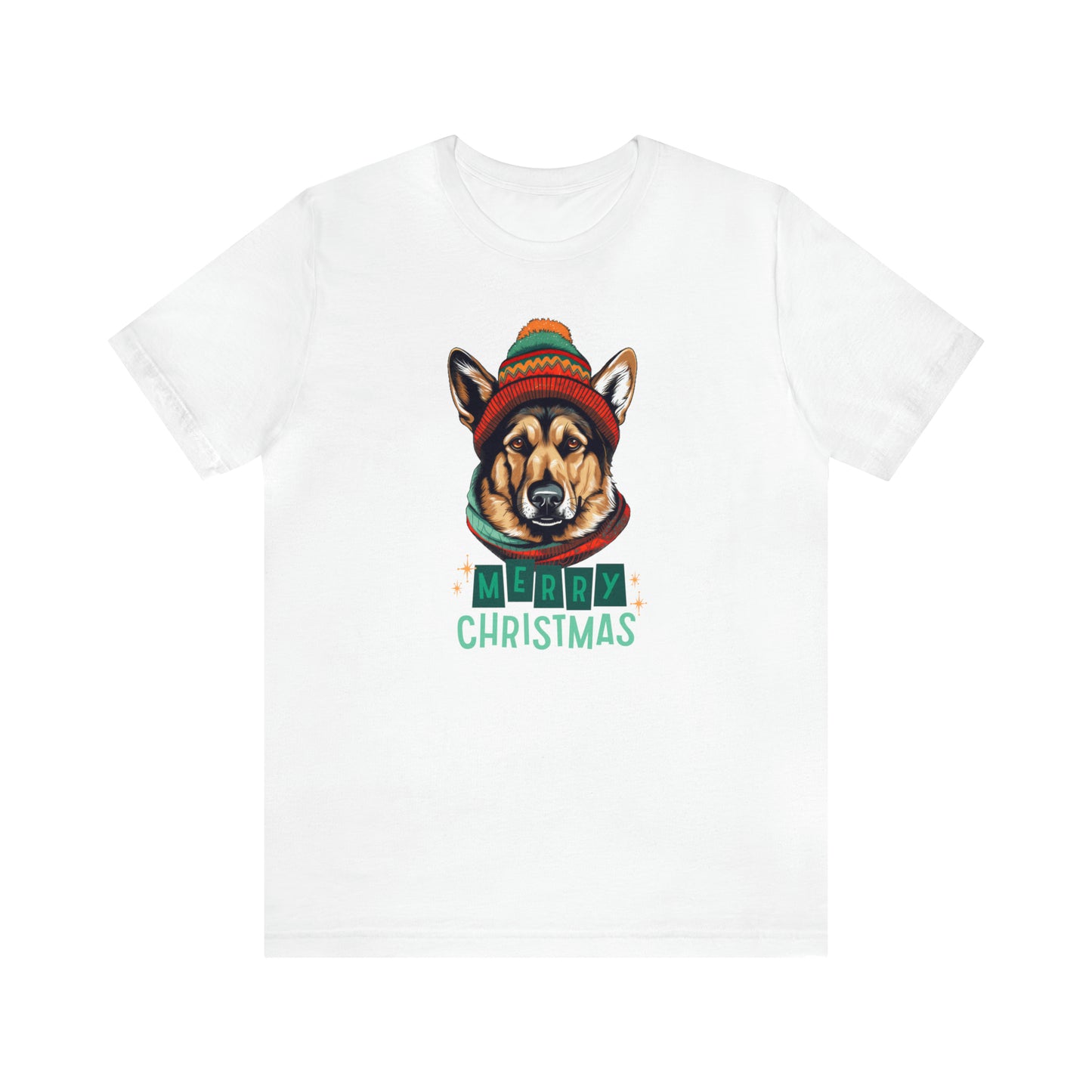 German Shepherd in Hat & Scarf Merry Christmas Unisex Jersey Short Sleeve Tee