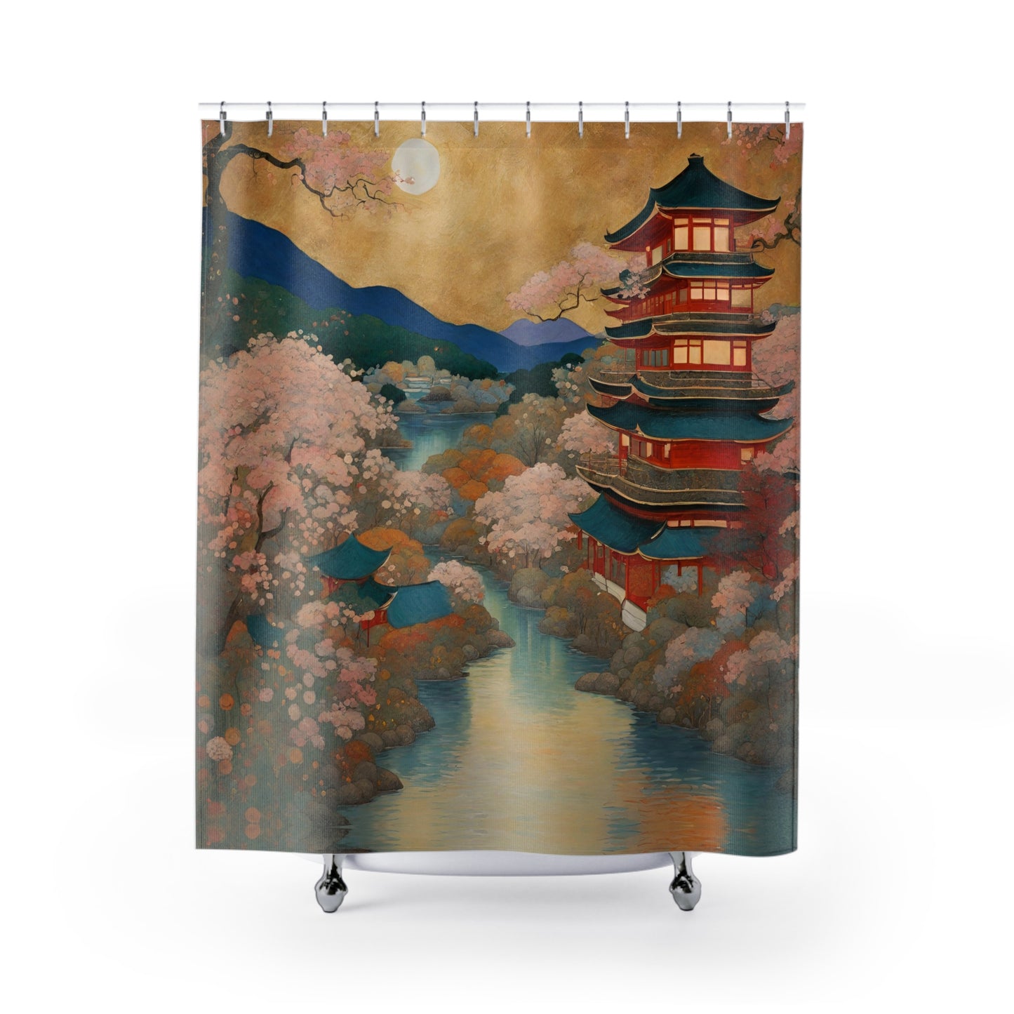 Serene Pagoda Polyester Shower Curtain