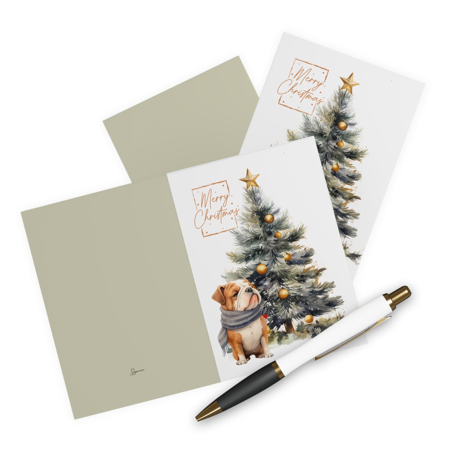 English Bulldog Merry Christmas Tree Cards (5 Pack Blank Inside)