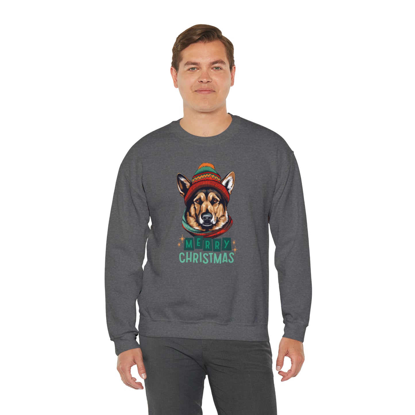 German Shepherd In Hat & Scarf Merry Christmas Unisex Heavy Blend™ Crewneck Sweatshirt