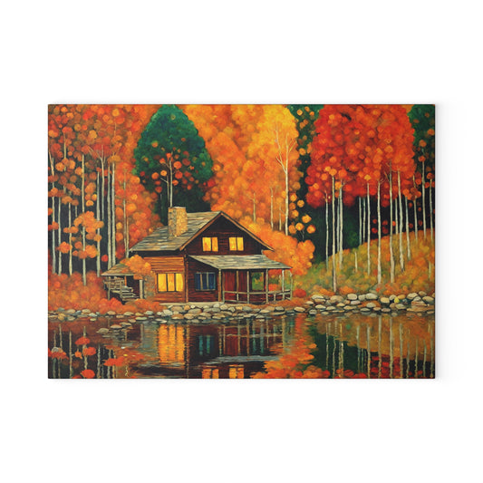 Autumn Lakeside Cabin Tempered Glass Cutting Board