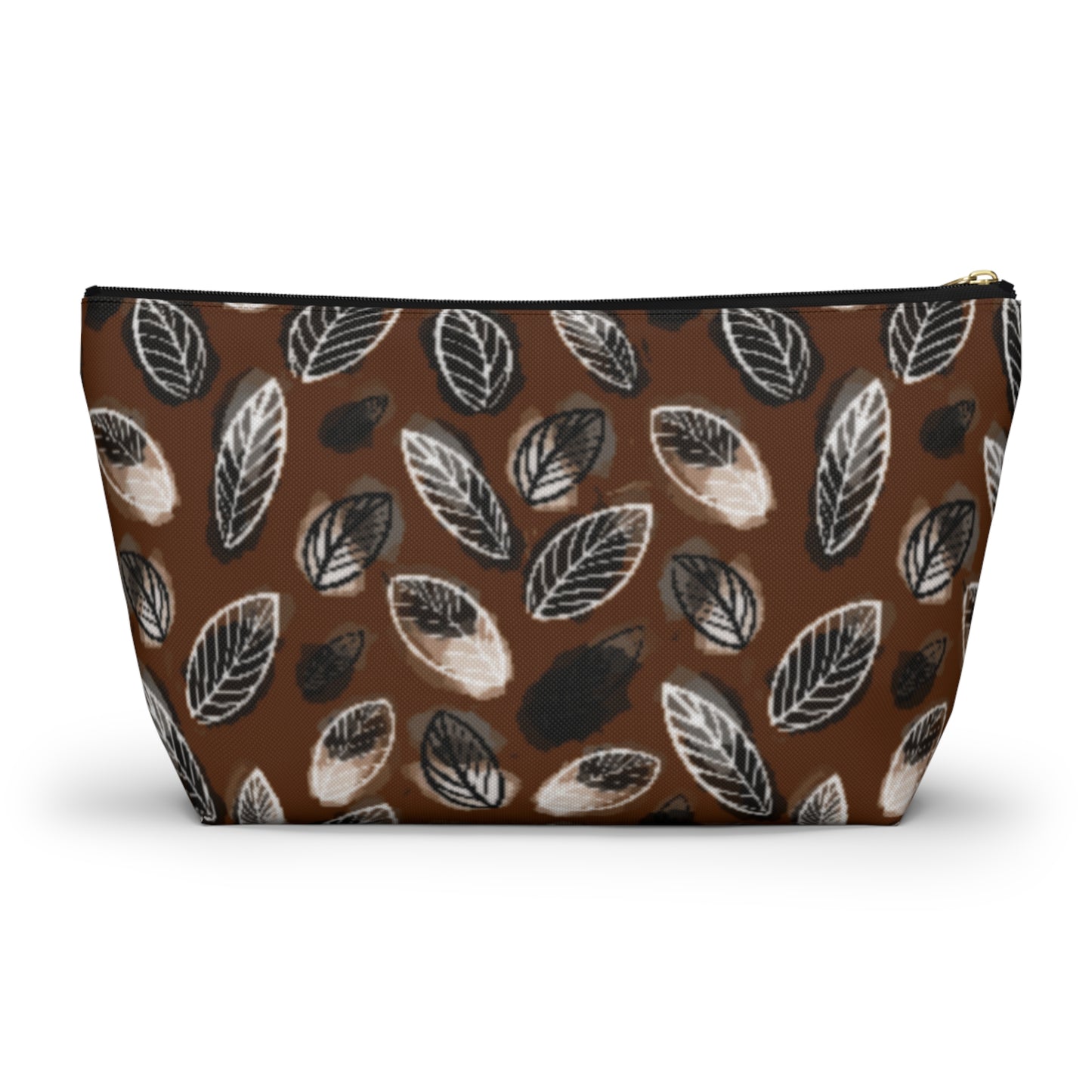 Gertie Black & Cream Abstract Leaves on Brown Makeup Zipper Accessory Pouch w T-bottom