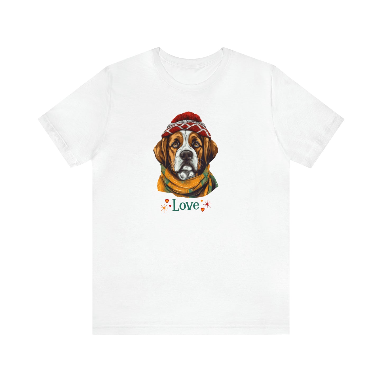 Saint Bernard in Hat & Scarf Love Unisex Jersey Short Sleeve Tee