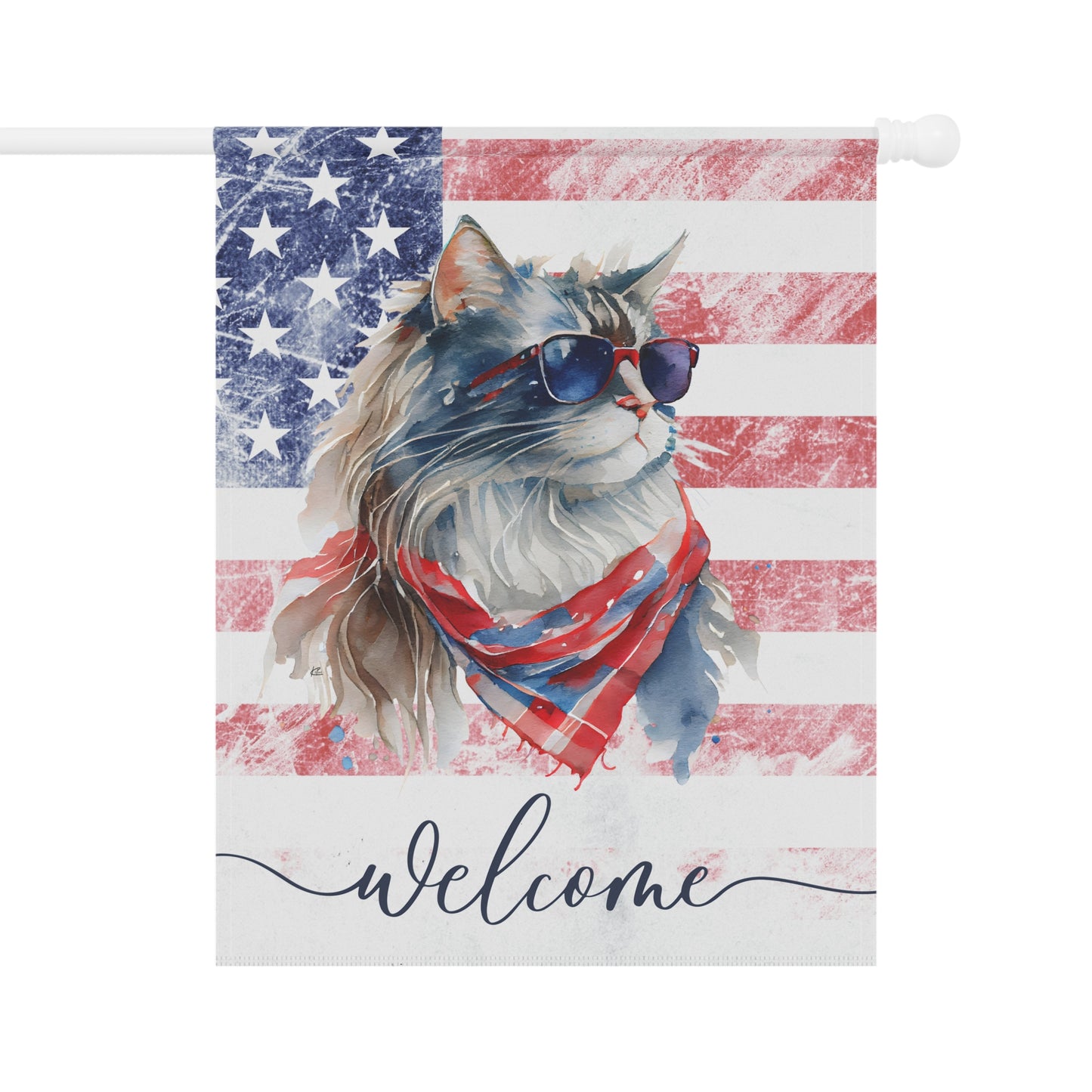 Patriotic Cat in Glasses Welcome 2-Sided Garden & House Flag/Banner