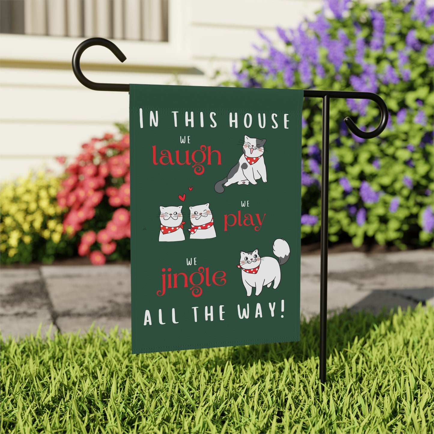 Laugh Play Jingle All the Way Cats on Green Christmas 2-Sided Garden & House Flag/Banner