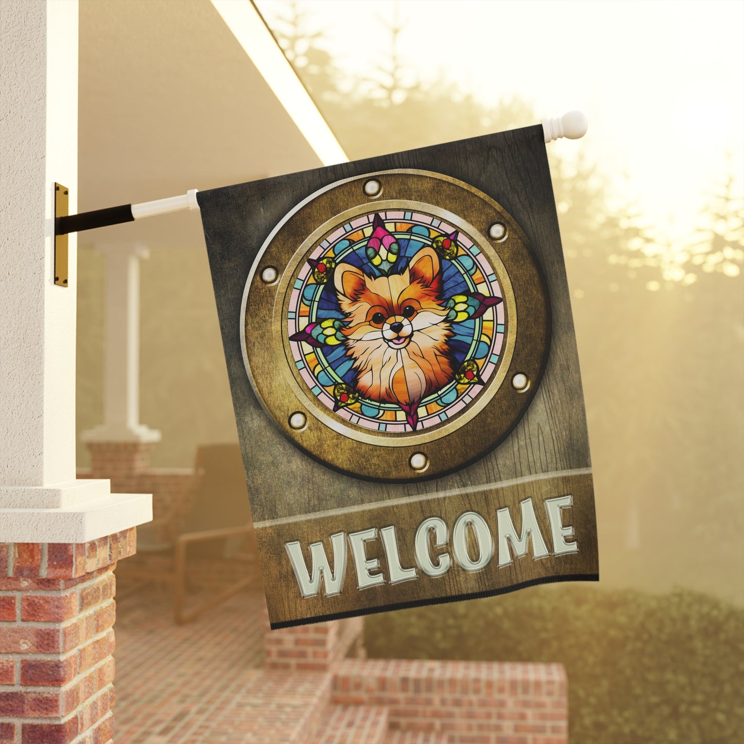 Pomeranian in Port Hole Welcome 2-Sided Garden & House Flag/Banner