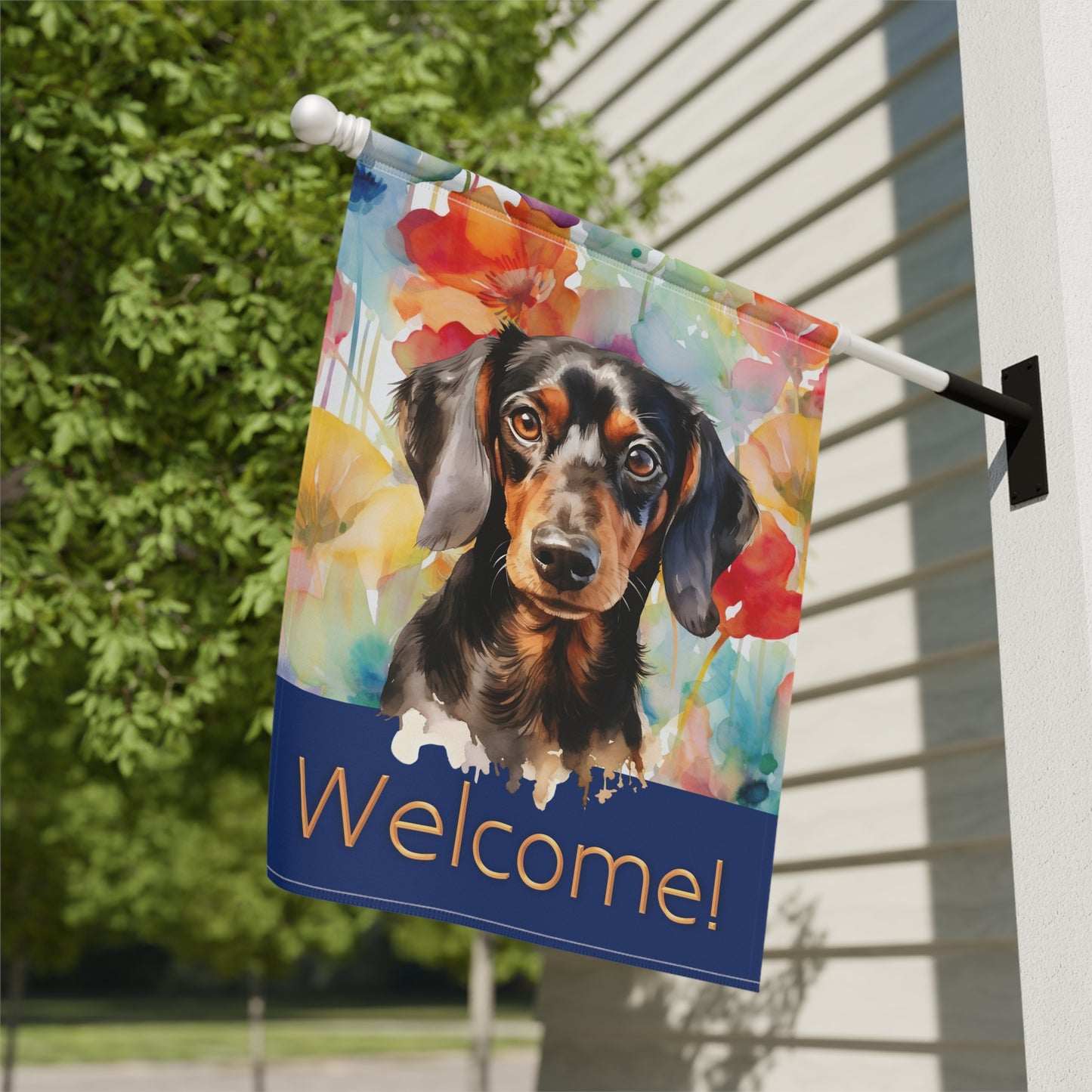 Dachshund Welcome Floral 2-Sided Garden & House Flag/Banner