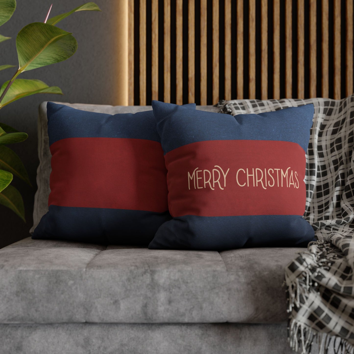 Merry Christmas Red & Navy Square Poly Canvas Pillowcase