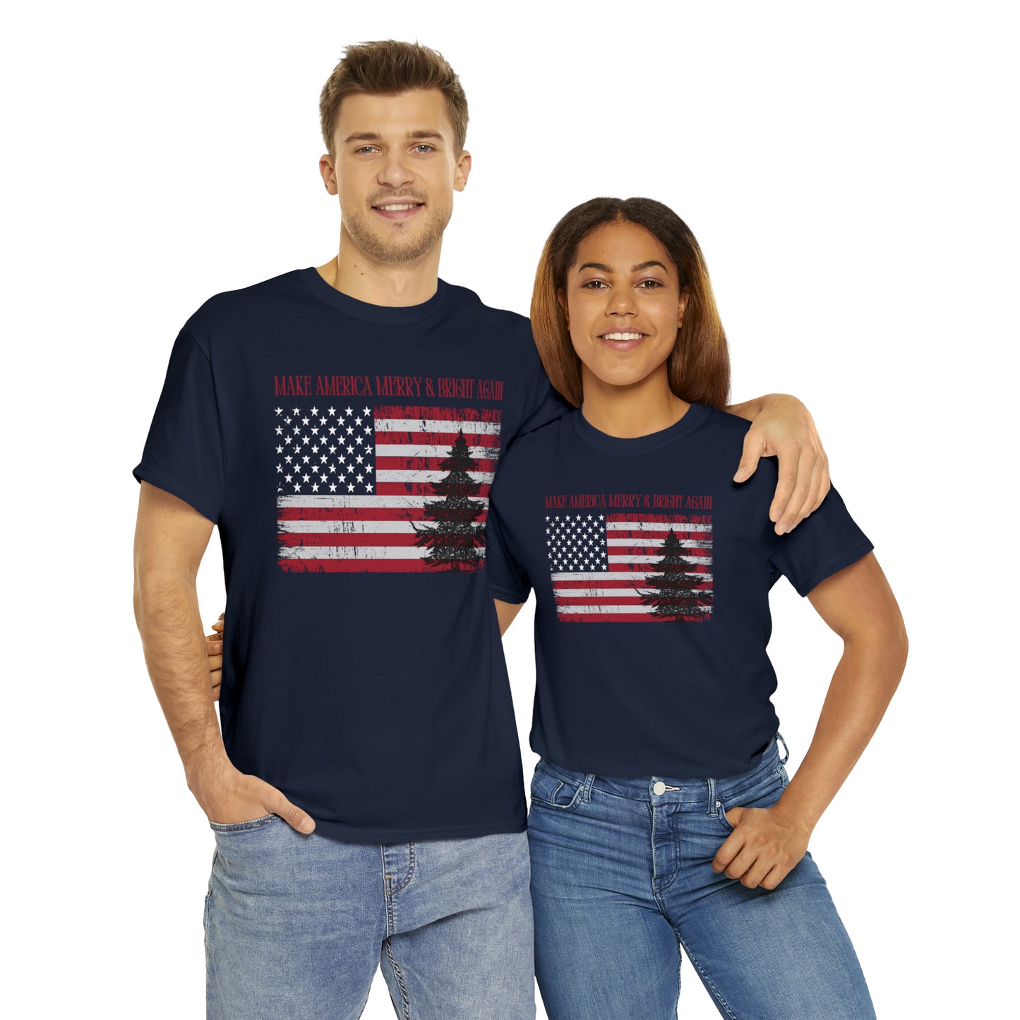 American Flag Make America Merry & Bright Again Unisex Heavy Cotton Tee