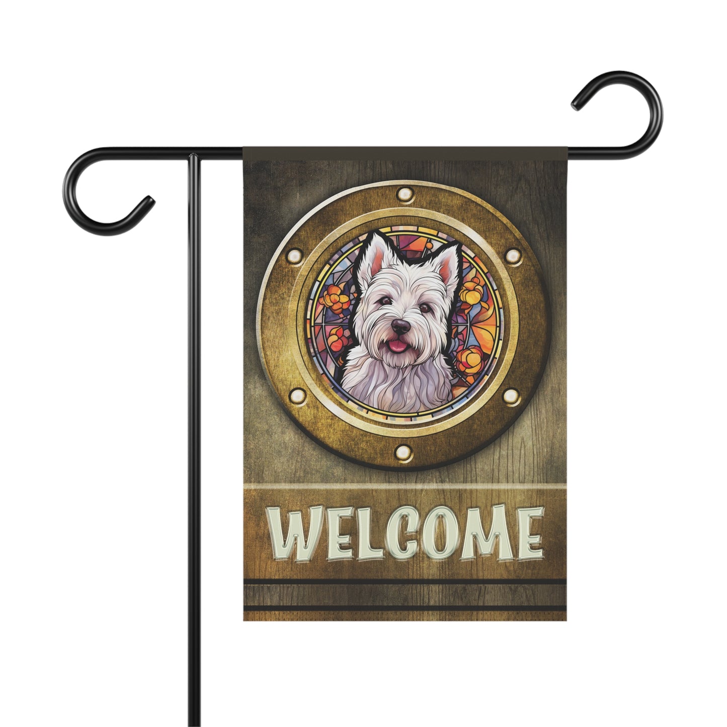 West Highland Terrier in Port Hole Westie Welcome 2-Sided Garden & House Flag/Banner