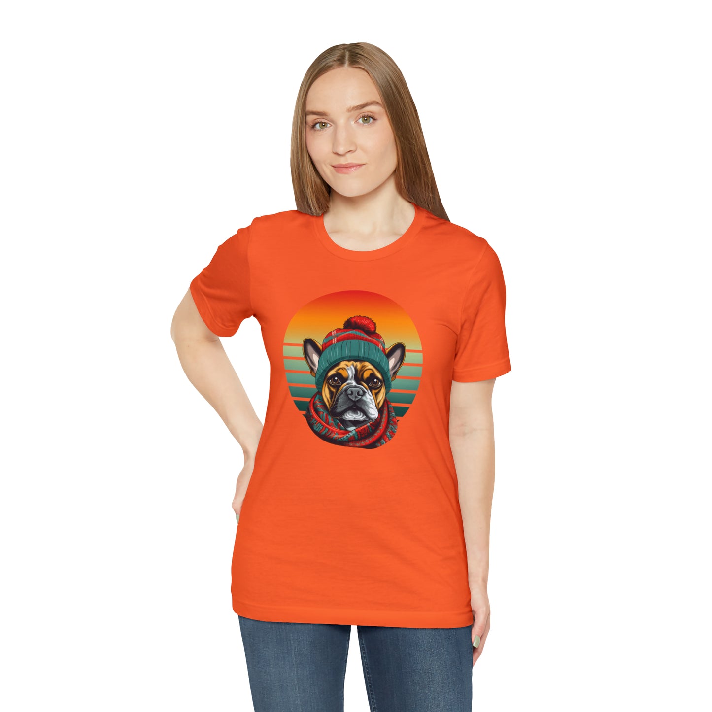 Retro French Bulldog in Hat & Scarf Unisex Jersey Short Sleeve Tee