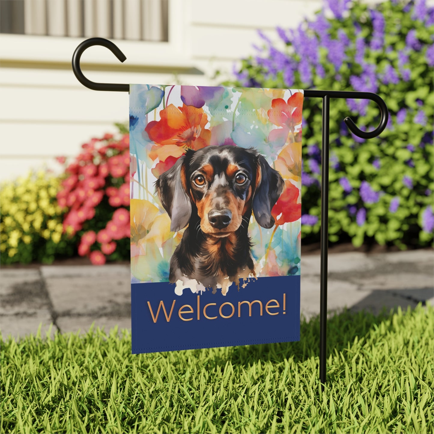 Dachshund Welcome Floral 2-Sided Garden & House Flag/Banner